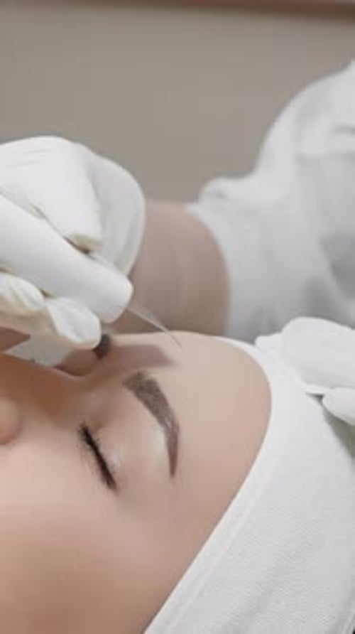 Ein erfahrener Kosmetiker führt fachmännisch ein Microblading-Verfahren zur Verbesserung der Augenbrauen durch