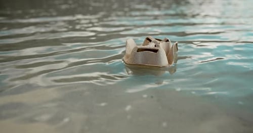 Pollution, garbage and box in water at beach for poor waste management and illegal trash disposal