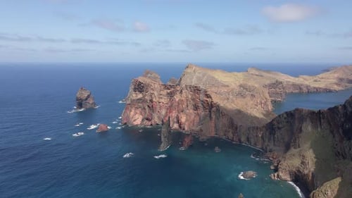 Beautiful aerial or drone shot of "Ponta de Sao Lourenco" in Madeira island in Portugal. Amazing cli