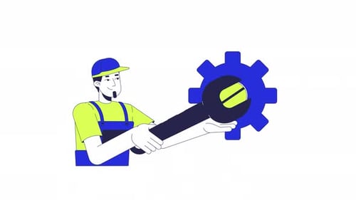 Mechanic man with spanner unscrewing screw on gear 2D character animation