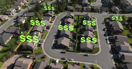 Aerial view of rising house prices in a residential suburb.