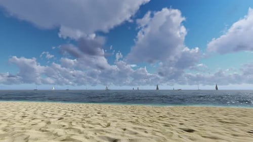 Flying Over The Beach Into The Clear Sea Under A Cloudy Sky 01 4K