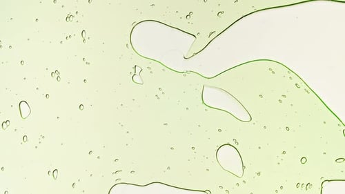 Transparent Green Cosmetic Gel Fluid With Molecule Bubbles and Oil on White Background