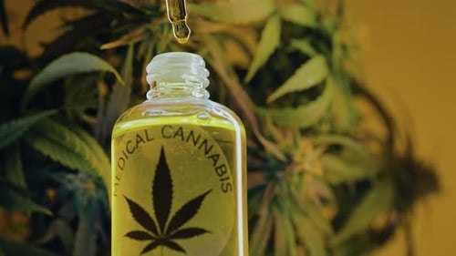 Dispensing Medical Cannabis Oil into Bottle Close Up