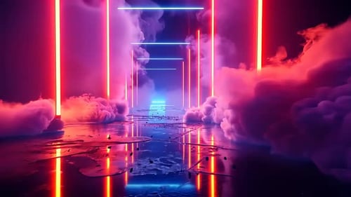 Neon glowing tunnel, abstract futuristic space with colorful clouds
