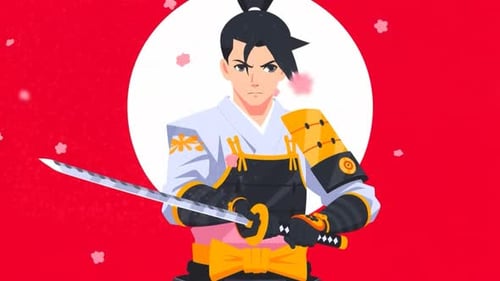 Guerrero samurái japonés con espada katana, estilo anime, luchador de combate, animaciones de dibujos animados