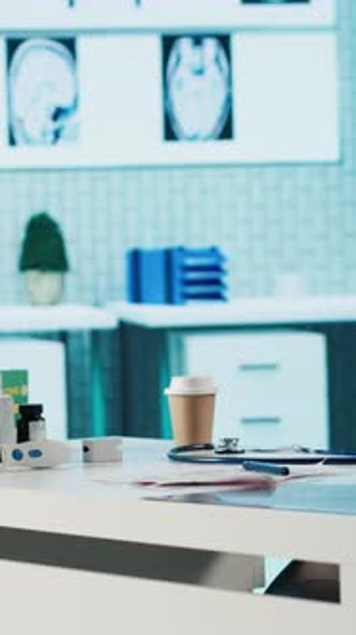 Vertical Video Empty Doctor Office Featuring Modern Medical Equipment and Drugs