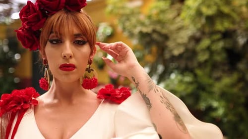 Woman in Floral Headdress and Dress Posing