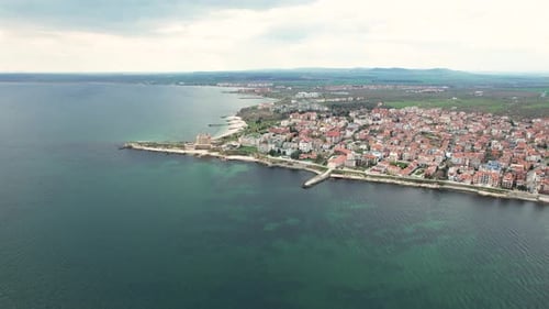 Aerial view of seaside town and coastline, Bulgaria.