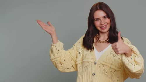 Woman Pointing Empty Place Advertising Area for Commercial Text Copy Space for Goods Promotion