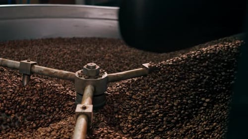 Closeup of a Coffee Roasting Factory Inside Drum Roasting Stirring Coffee