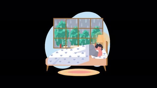 Scène de chambre confortable avec une personne dormant un jour de pluie dans un intérieur moderne