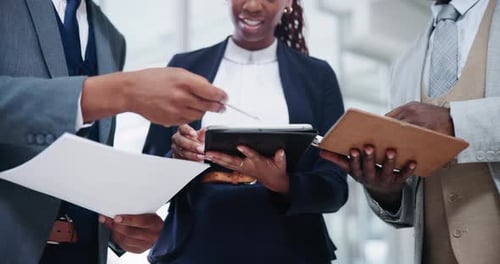 Business people, meeting and hands with paperwork and tablet for notes, planning