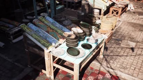 Vibrant Marketplace in a Small African Town Filled with Handmade Pottery