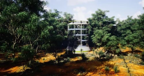 Unique Futuristic Structure Amidst Dense Foliage in a Remote Forest Setting