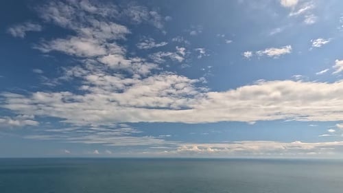 Timelapse Fluffy Cumulus Clouds Moving in Blue Summer Sky Over Calm Sea Abstract Aerial Nature