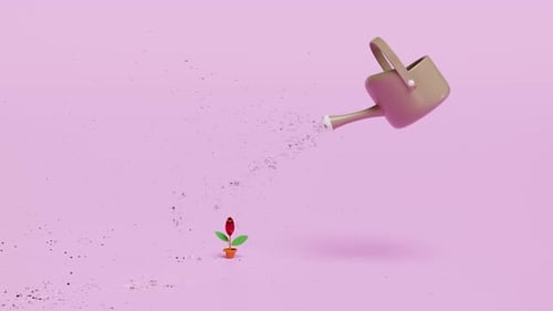 Modern 3D Watering Can Nurtures Growing Heart Plant Animation