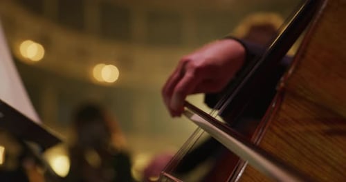 Cinematic Close Up Shot of the Hands of Symphony Orchestra Cello Play