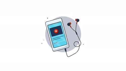 Smartphone 4k con auriculares. Viendo un vídeo de animación conceptual