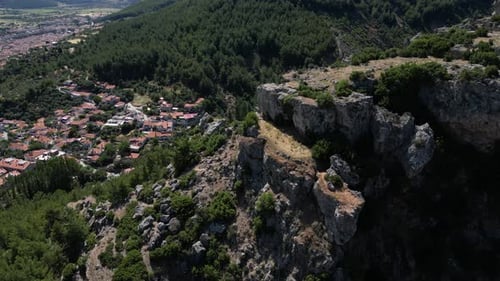 Aerial view of rocky cliffs and trees, Mugla, Turkey.