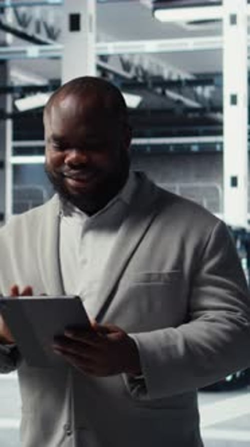 Vertical Video Cheerful Data Center Programmer Using Tablet to Manage Software Updates