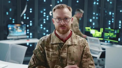 Portrait Caucasian Bearded Soldier Arms Crossed Posing in Data Center National Security Officer