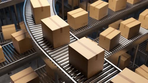 Cardboard Boxes Moving on Automated Conveyor Belt System