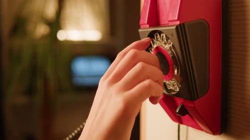 Retro Vintage Phone Red Rotary Telephone is Displayed on a Wooden Desk Adding a Nostalgic Touch