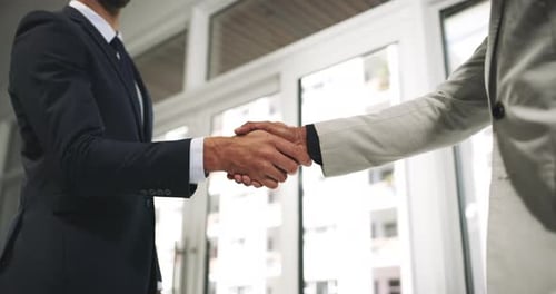 4k video footage of two unrecognizable businessmen shaking hands while standing in their office