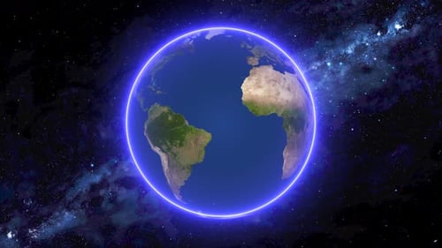 Glowing Front view of rotating Earth planet with stars milky way, Spinning Earth planet sphere. 2137