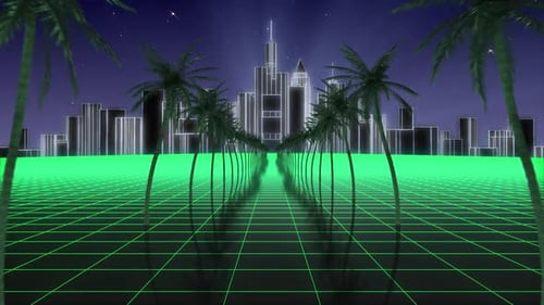 Green Retro Background Looping Scene, 80s Retro Background With Palm Trees and Illuminated City