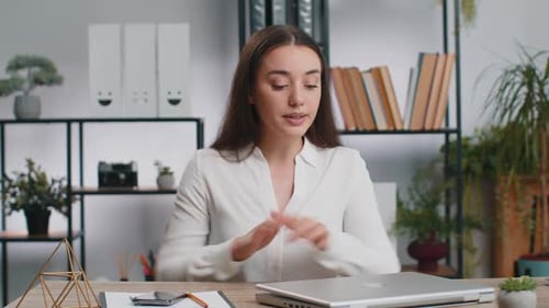 Caucasian Business Woman Freelancer at Office Start Working on Laptop Computer Sends Online Messages