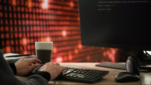 Eine Frau in einem Anzug sitzt an einem Schreibtisch und tippt auf einer Computertastatur Nahaufnahme