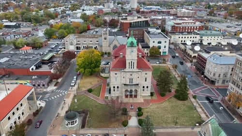 Harrisonburg, Virginia aerial establishing shot. Rockingham County Circuit Court and Clerk's office.