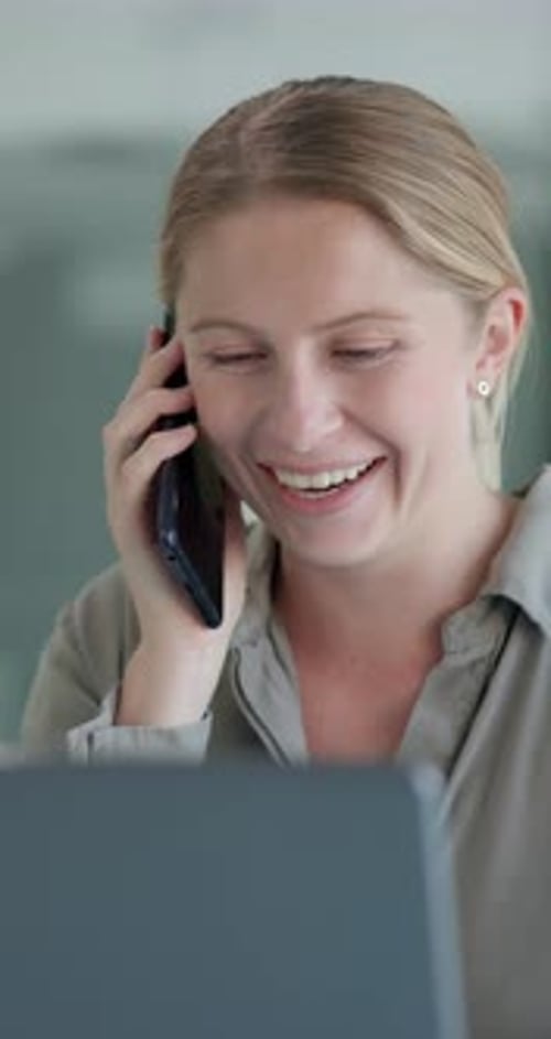 Phone call, talking and business woman in office for contact, online discussion