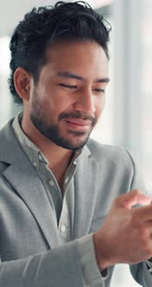 Phone, happy and business man in office with notification for email, networking and communication