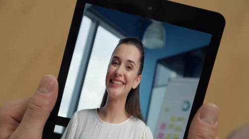 Woman Talking Tab Screen Having Video Call at Office Closeup Hands Holding Pad