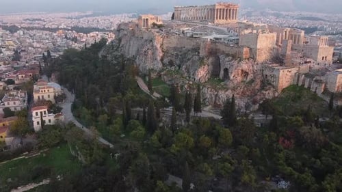 Aerial Video At Sunset Over The Acropolis, Athens, Greece