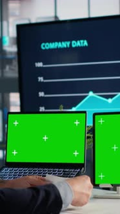 Vertical Video Green Screen Tablet and Laptop Data Analysis on Documents Business KPIs