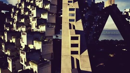 Concepto arquitectónico distópico de estilo Cinemático con bloques de hormigón en cascada