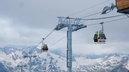 Ski Lift Gondolas Climbing Snowy Caucasus Mountains
