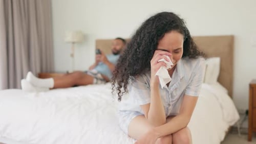 Sad, crying and divorce with couple in bedroom for mistake, frustrated and depression