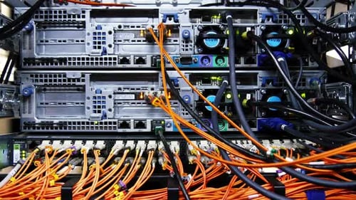 Back Side of Working Data Servers with Flashing Led Lights