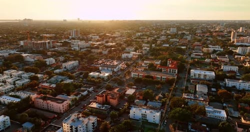 Sunset time above the vast cityscape of Miami, Florida, USA.