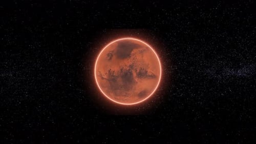 Animation of Mars planet seen from space, Asteroids Cloud and cosmos, stars milky way. 2169