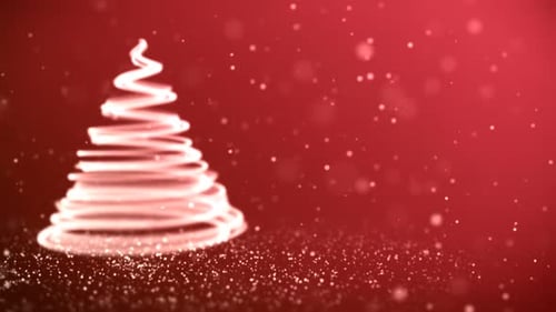 Christmas Tree Light Trail Drawing Animation on Red Particle Background