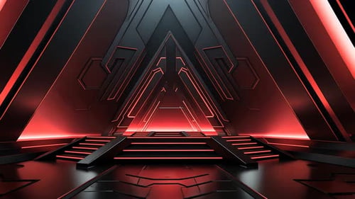 Interior futurista, triangular, iluminado em vermelho e escuro