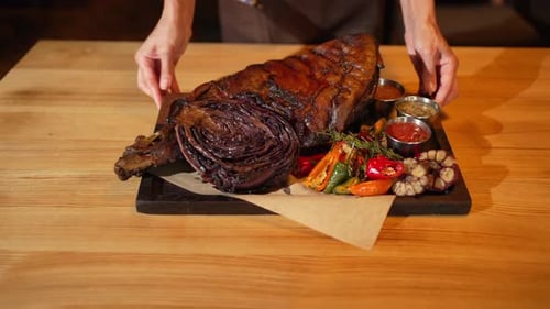 Roasted Meat on Cutting Board with Garnishes
