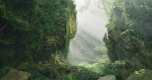 Radiant Sunlight Filters Through Lush Foliage in a Serene Forest Landscape