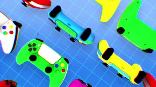 Animated Gaming Controllers Falling in Colorful Loop